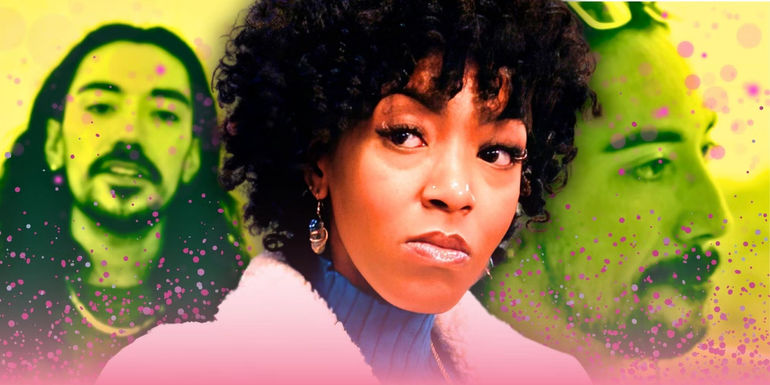 Lauren and Orion MAFS Season 17 with Lauren looking upset and Orion green background