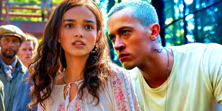 A shocked Lucy Gray and a mad Coriolanus Snow in the woods in Hunger Games The Ballad of Songbirds and Snakes