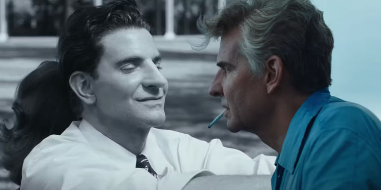 Leonard Bernstein (Bradley Cooper) young and older in color and black and white from Maestro