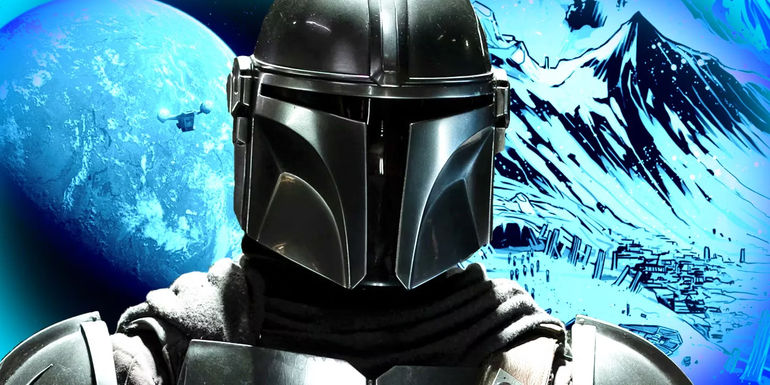 The Mandalorian in front of the planet Tython