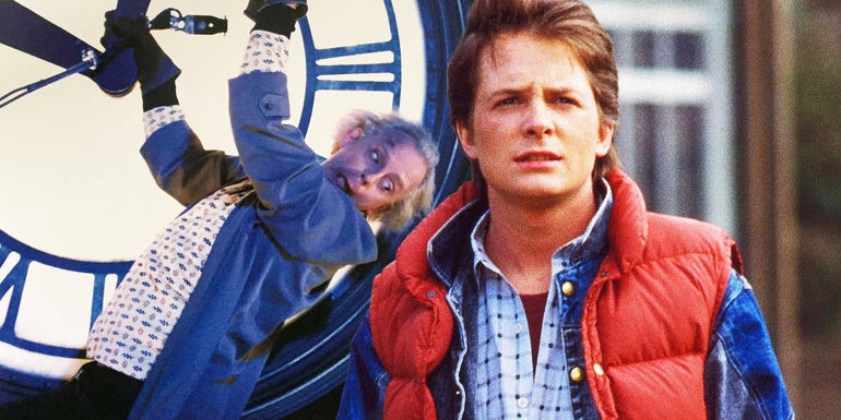 Marty McFly and Doc Brown hanging from the clock in Back to the Future