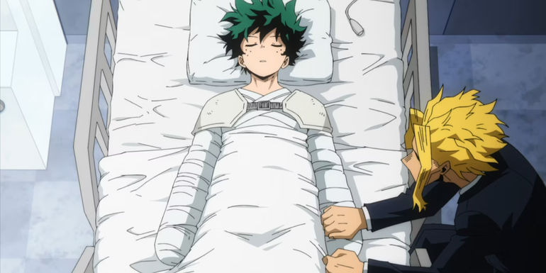 MHA: All Might sits by Midoriya as he lies in a coma.