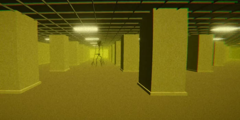 A lanky creature in an office building in The Backrooms: Found Footage