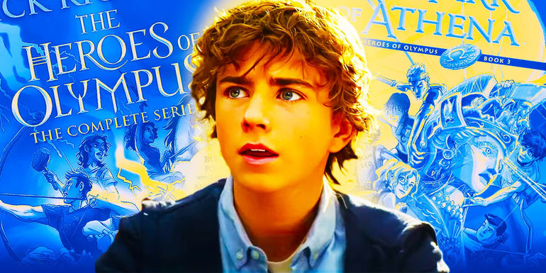Percy Jackson collage with actor Walker Scobell in foreground and Heroes of Olympus books in background.