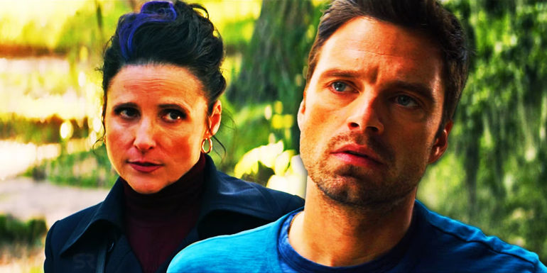 Split Image: Val (Julia Louis-Dreyfus) looks uncertain; Bucky Barnes (Sebastian Stan) looks suspicious