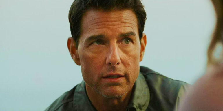 Tom Cruise looking serious as Maverick in Top Gun: Maverick