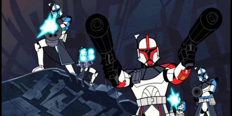 Storm Troopers shooting at someone in Star Wars: Clone Wars