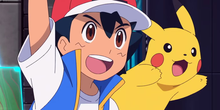 Ash and Pikachu with their arms raised and mouths open in Pokémon anime