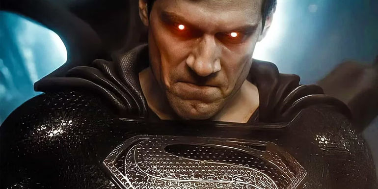 DCEU Superman with glowing red eyes and the Black Suit in Zack Snyder's Justice League.