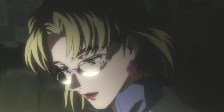 Neon Genesis Evangelion Ritsuko Akagi wearing glasses and looking down