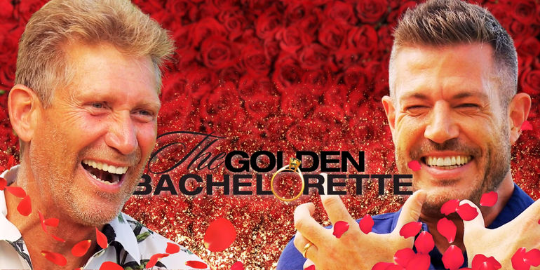 Gerry Turner and Jesse Palmer, with The Golden Bachelorette logo