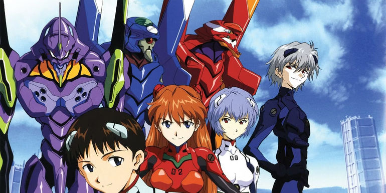 Neon-Genesis-Evangelion cast with shinji in the foreground with Rei and Asuka in the background.