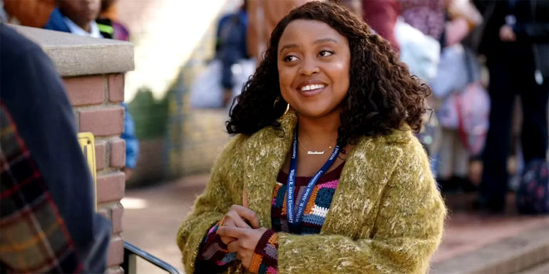 Quinta Brunson smiling as Janine in the Abbott Elementary season 2 finale