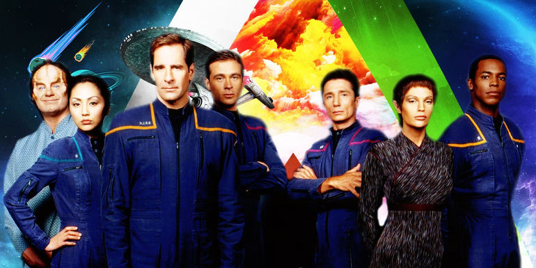 The cast of Star Trek: Enterprise stand in front of the USS Enterprise NC-1701