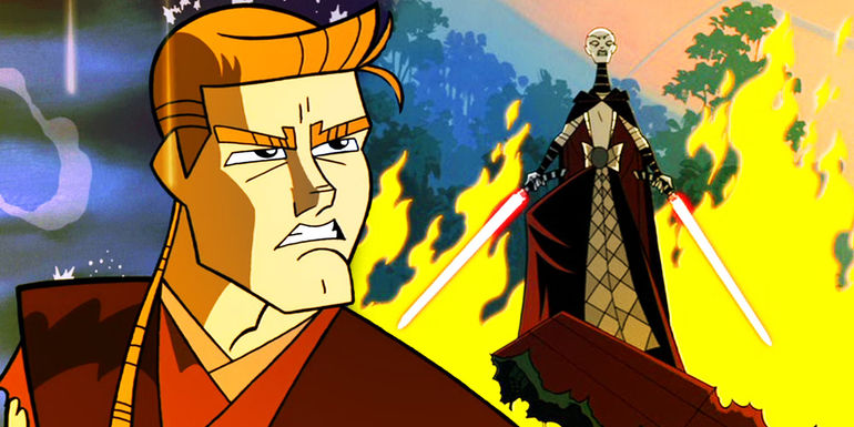 Anakin Skywalker vs. Asajj Ventress in Star Wars: Clone Wars 2D micro-series (2003).