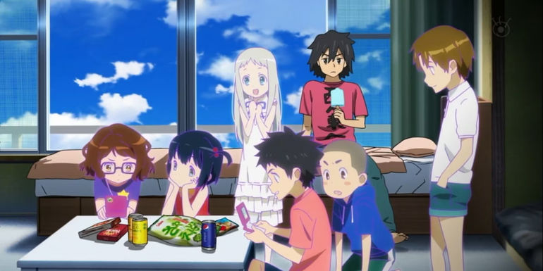 A still from the anime series AnoHana: The Flower We Saw That Day showing Jintan reminiscing on when the characters were children