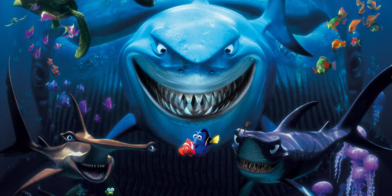 Marlin and Dory are surrounded by sharks of all kinds in Finding Nemo