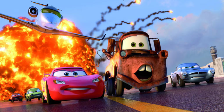 A scene from Cars 2 featuring Lightning McQueen, Mater, and Finn McMissile