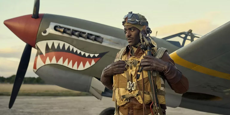 Character in front of a plane in Masters of the Air