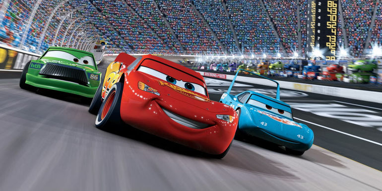 Lightning McQueen on the racetrack, racing against Chick Hicks and King in Cars