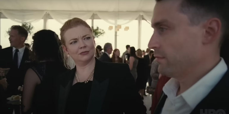 Shiv (Sarah Snook) looking angrily at Roman Roy (Kieran Culkin) in Succession season 4 episode 3