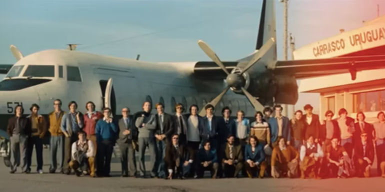 Society of the Snow characters outside carrasco airport 