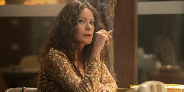 Sofia Vergara as Griselda holds a cigarette in a scene from Griselda.