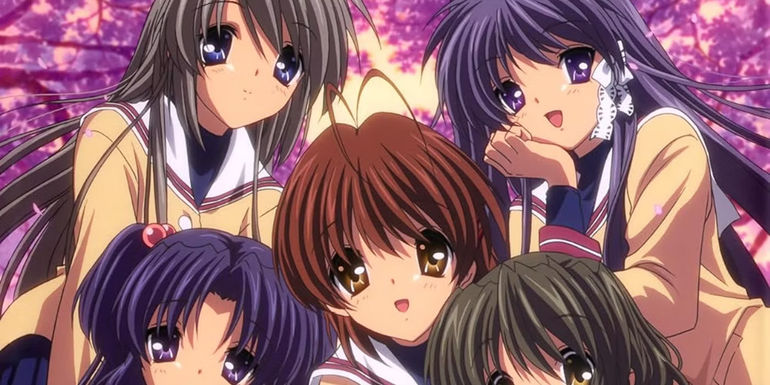The main cast of Clannad in a group shot, all wearing their school uniforms accented by cherry blossoms.