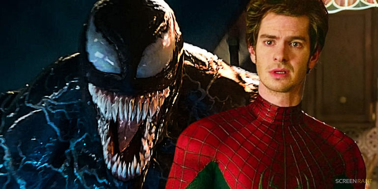 Tom Hardy's Venom with his mouth wide open and Andrew Garfield's Spider-Man looking concerned in No Way Home