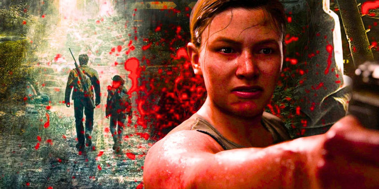 Abby from The Last of Us Part II aiming her gun off Screen with Joel and Ellie in the Background