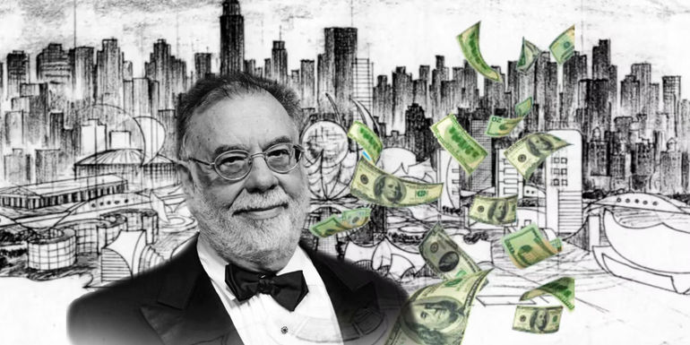 Megalopolis Francis Ford Coppola director in front of a cartoon background of the NYC skyline and cash floating through the air
