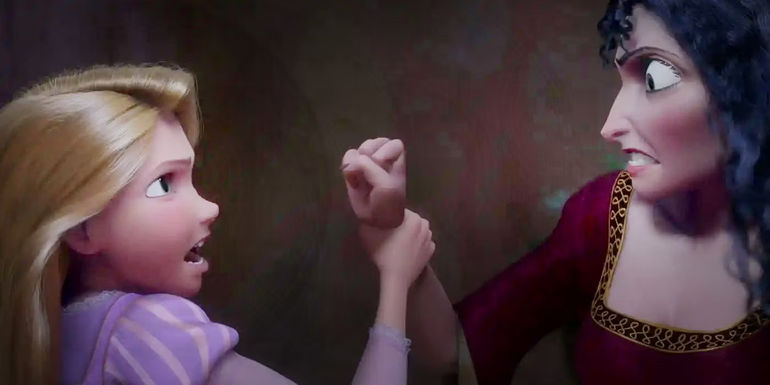 Rapunzel stopping Mother Gothel from using her hair in Tangled 