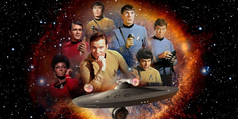 The cast of Star Trek: The Original Series with the USS Enterprise. 