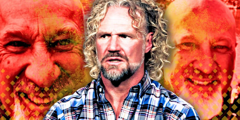 Sister Wives' Kody Brown looking angry and confused with close up, faded photos of David Woolley behind him