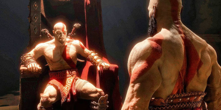 A screenshot of old Kratos confronting his younger self at the end of God of War Ragnarok Valhalla.
