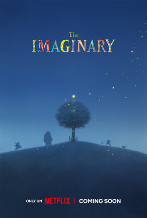 Promotional image from Studio Ponoc and Netflix showing colorful type setting and a tree in the center of a field at night.