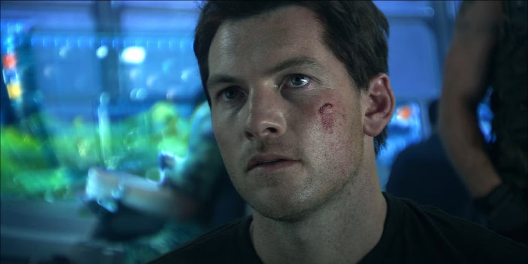 Sam Worthington as Corporal Jake Sully in his human form at the base on Pandora in Avatar