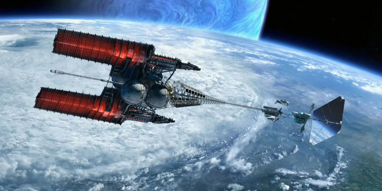A space ship in orbit of Pandora in Avatar