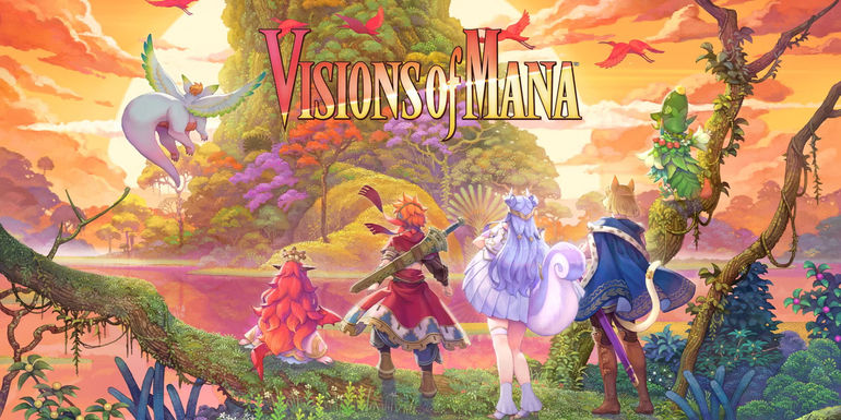 The key visual for Visions of Mana. The image depicts the game's main cast standing in front of a giant tree.