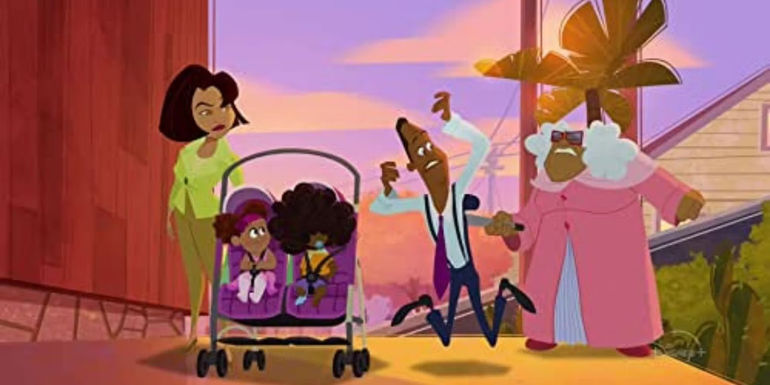 Trudy pushing Bebe and Cece in a stroller with Oscar and his mom on The Proud Family