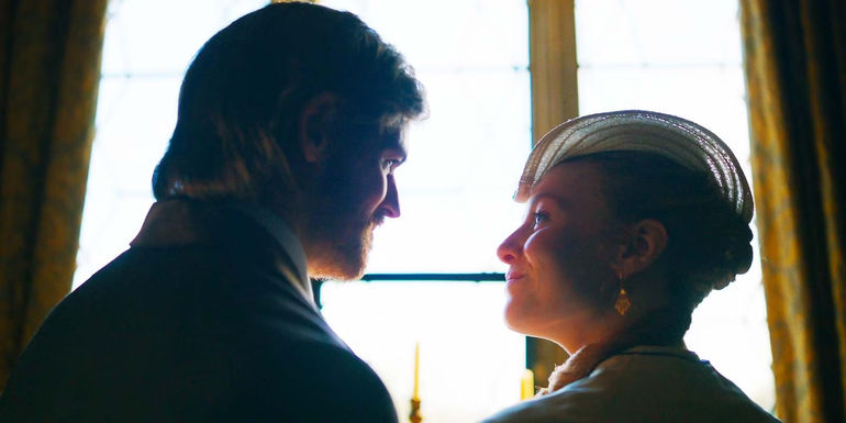 Benjamin Wainwright as Frederick Trenchard and Harriet Slater as Clara Trenchard in Belgravia The Next Chapter episode 3