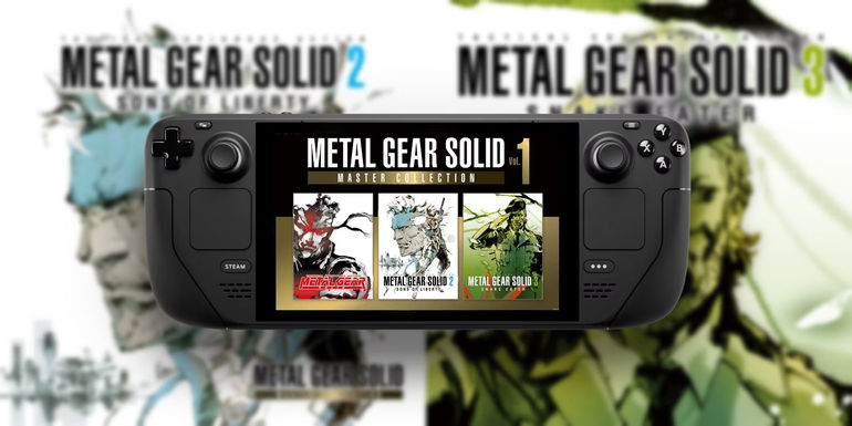 A Steam Deck depicting the key visual for the Metal Gear Solid Master Collection Vol. 1 against a backdrop of the key visuals for Metal Gear Solid 2 and 3.