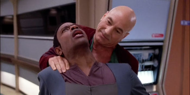 Patrick Stewart and Tim Russ in Starship Mine - Star Trek: The Next Generation