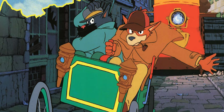 Image cropped from promotional image for Sherlock Hound of the main character riding in a train car.