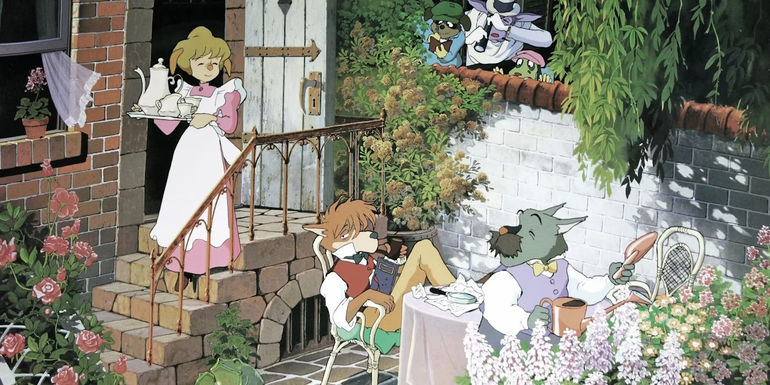 Sherlock Holmes, Watson, Hudson and Moriarty in a backyard in Sherlock Hound by TMS Entertainment