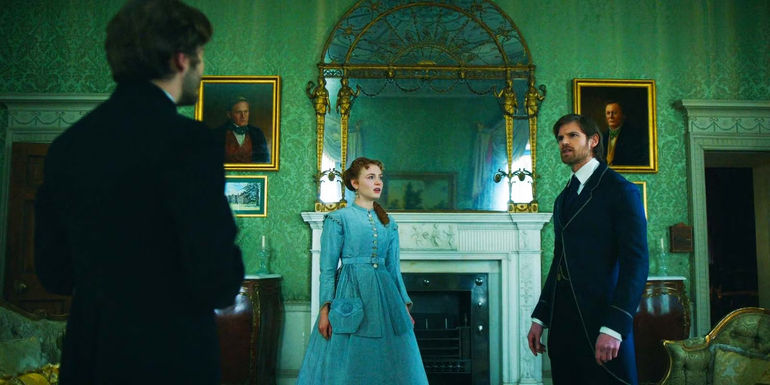 Toby Regbo as James Trenchard, Harriet Slater as Clara Trenchard and Benjamin Wainwright as Frederick Trenchard in Belgravia The Next Chapter episode 3