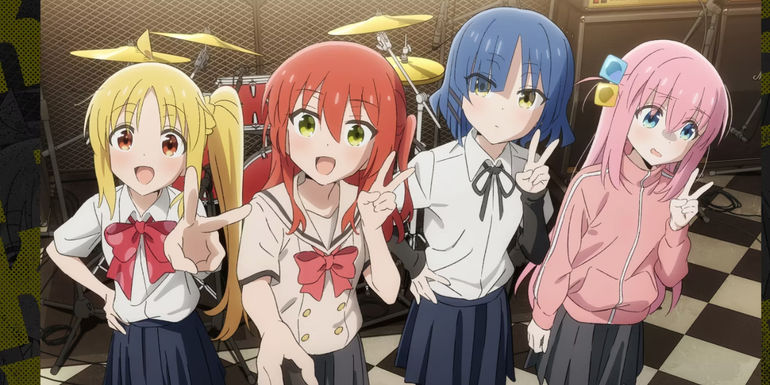 Bocchi the Rock! - Kessoku Band making a peace sign in front of their instruments