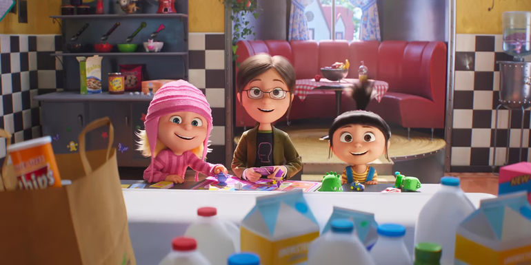 Children at the kitchen table from the Despicable Me 4 movie trailer