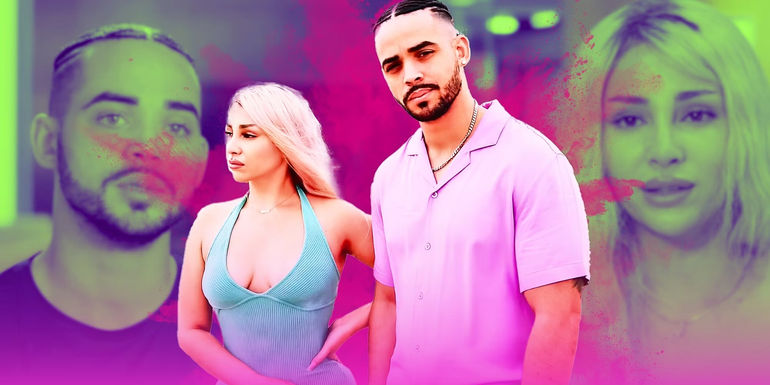 90 Day Fiancé's Rob Warne wearing pink resort shirt withSophie Sierra in blue romper looking away from each other