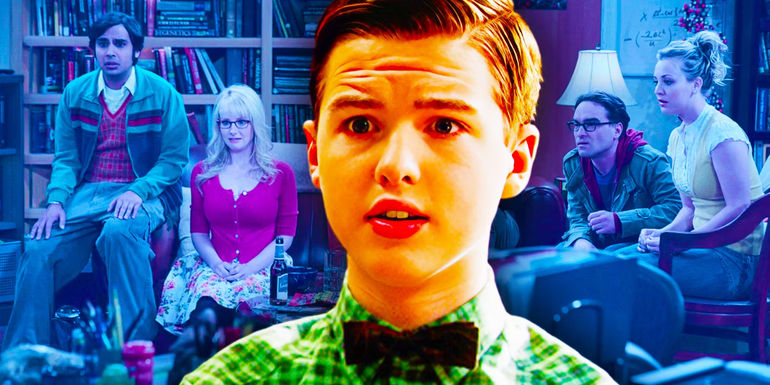 Iain Armitage as Young Sheldon and the Big Bang Theory cast looking shocked